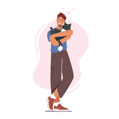 Happy Man with Cat on Hands. Male Character Hugging Pet Kitten. Leisure, Communication, Love, Care of Animals Concept