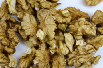 Walnut kernel up close. Fruit nut. Walnut fruit. Food background.