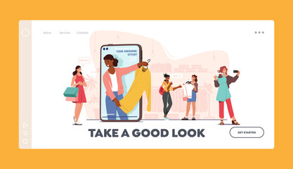 Female Characters Use Personal Fashion Stylist Online Service Landing Page Template. Consultant on Smartphone Screen