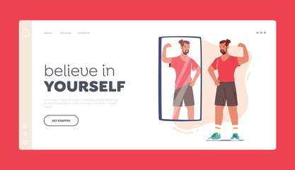 Believe in Yourself Landing Page Template. Male Character with Low Self Esteem, Loathing and Anger. Athlete Reflection