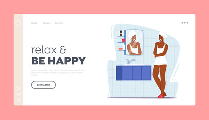 Obraz na płótnie Canvas Relax and Be Happy Landing Page Template. Woman Brushing Teeth. Female Character Hygiene Procedure in Bathroom