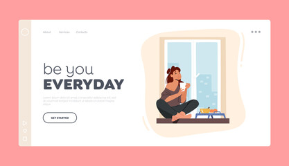 Girl Having Breakfast, Home Relaxation Landing Page Template. Young Woman Sitting on Windowsill with Cup, Drink Coffee
