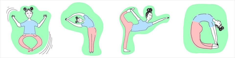 Vector hand drawn set with cute girl doing yoga