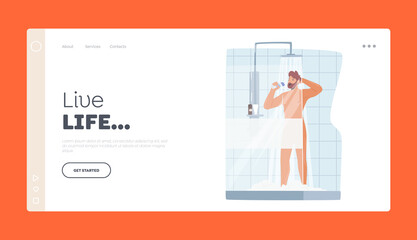 Man Singing in Shower Landing Page Template. Naked Happy Male Character Bathing Hygiene Washing Procedure
