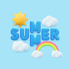 Summer 3d banner design. Realistic render scene tropical sky, sun, rainbow, cloud. Tropic summertime objects
