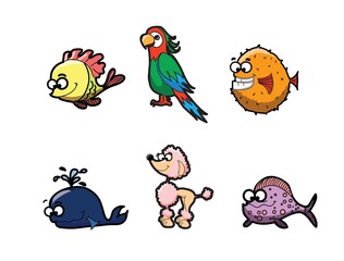 Collection of hipster cartoon character animals fish, whale, dog