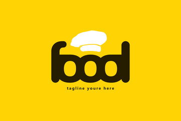 Food Logo. Typography And Hat Chef Isolated On Yellow Background. Suitable For Branding Restaurant, cafe, And Food and Drink Business.