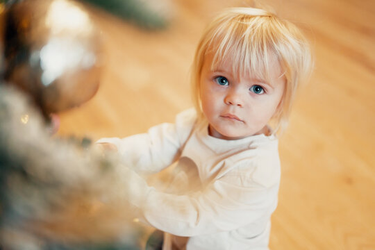 small and cute baby boy blonde Scandinavian appearance sitting watching. Sitting near the Christmas tree waiting for gifts. Christmas children's photo shoot in the photo studio.