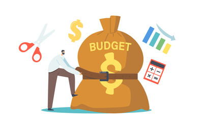 Tiny Businessman Character Tight Budget Sack with Belt. Businessman in Economy Crisis Situation Reduce Money Spending