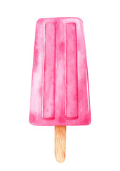 Pink ice cream on a stick isolated on white background. Watercolor hand-drawn clipart illustration. Perfect for cards, menu, prints, decorations, covers.