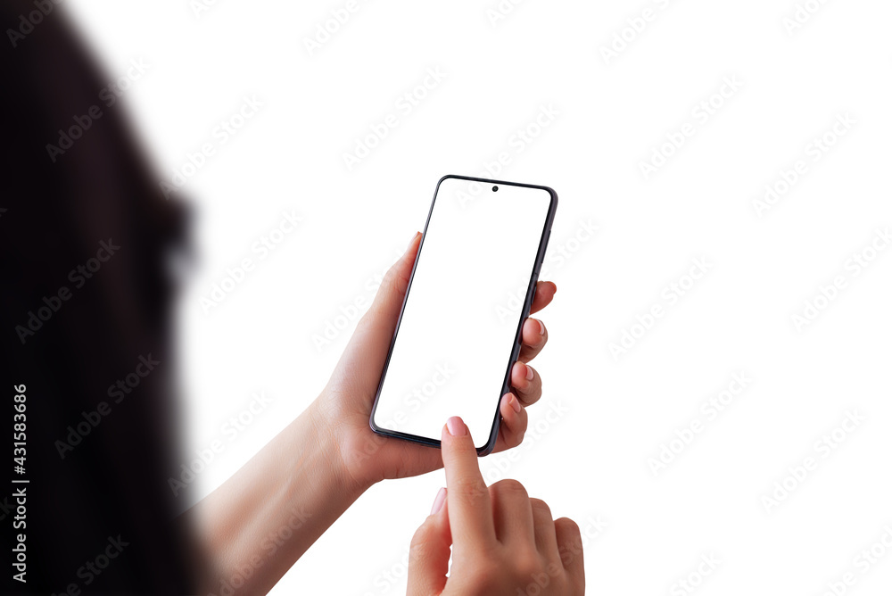 Poster isolated woman head, hands and smart phone. isolated screen for app or web site presentation. over s
