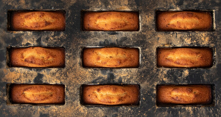 Traditional French pastries in molds - financier cake after baking - beautiful texture and...