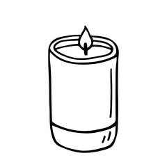 Burning aroma candle in a jar isolated on white background. Vector hand-drawn illustration in doodle style. Aromatherapy, relaxation design element. Suitable for cards, logo, decorations.