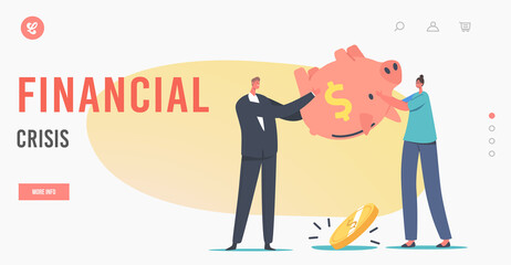 Characters in Financial Crisis Landing Page Template. Bankruptcy, Budget Deficit. Business People Shaking Piggy Bank - obrazy, fototapety, plakaty