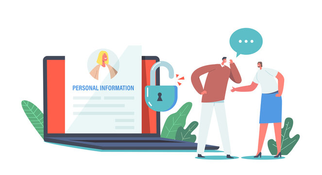 Doxing, Internet Harassment, Sensitive Data Publication. Characters Whisper at Huge Laptop Discuss Personal Information