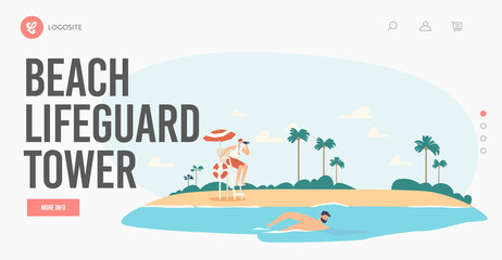 Beach Lifeguard Tower Landing Page Template. Rescuer Male Character Looking in Binoculars on Swimming Man. Rescuer Chair