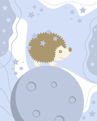 A cute hedgehog is walking on the moon and carrying stars.
