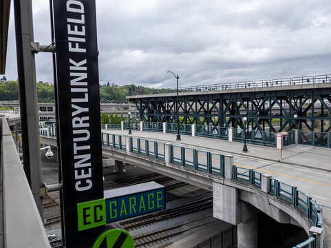 Seattle, WA USA - Circa May 2021: View Of Car Entering The Parking Garage At CenturyLink Field Event Center On An Overcast Day.