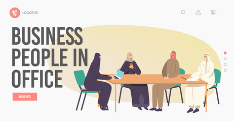 Businesspeople in Office Landing Page Template. Arab Male and female Team Meeting, Communicating Sitting at Desk