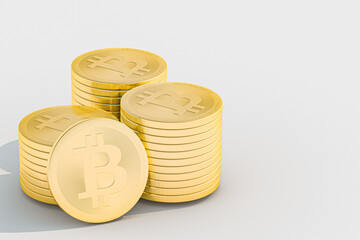 Golden bitcoins standing on circuit board, cryptocurrency concept. 3d illustration	