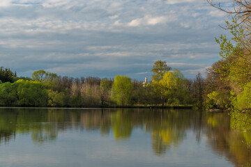 Nadeje pond near Hluboka nad Vltavou town in spring color evening