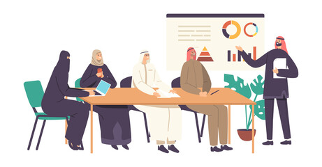 Arab Businessmen and Businesswomen in Office. Communication, Contemporary Marketing. International Partnership Relations