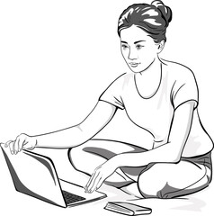 Asian Girl Using Laptop Computer Home Isolated Black