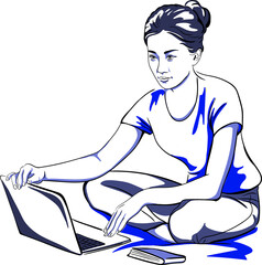 Asian Girl Using Laptop Computer Home Isolated Blue