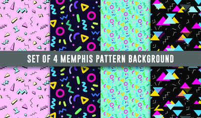 Set of 4 Vector background various abstract seamless patterns with different shapes. Collection of patterns in the Memphis style. Patterns added to the swatch panel.