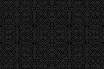 3d volumetric convex geometric black background. Ethnic embossed islamic, moroccan, arabic pattern. Graceful trendy doodling style. Ornament for wallpaper, stained glass, presentations, textiles.