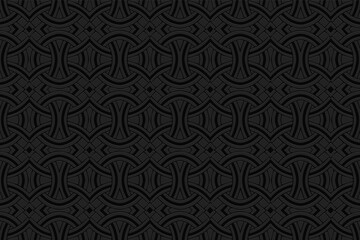 3d volumetric convex geometric black background. Ethnic embossed islamic, moroccan, arabic pattern. Graceful decorative doodling style. Ornament for wallpaper, stained glass, presentations, textiles.
