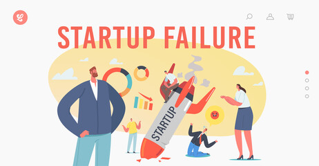 Startup Fail, Business Failure, Crash Landing Page Template. Businesspeople Stand at Burning Crashed Start up Rocket