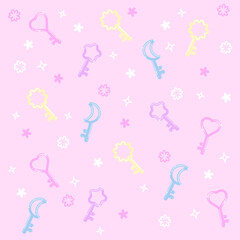 Cute pattern with keys and flowers on a pink background.
