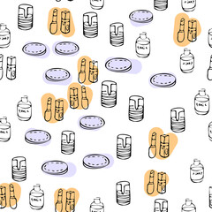 pattern of doodles on cosmetics cream,eye shadow, face powder, brush, foundation cream, mascara on a white background