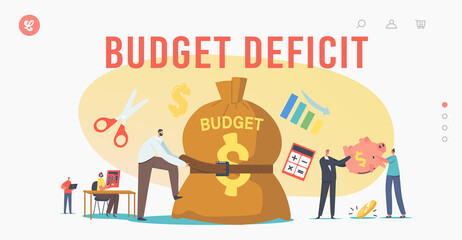 Budget Deficit Landing Page Template. Businessman Character Tight Huge Budget Sack with Belt. Business Economy Crisis - obrazy, fototapety, plakaty