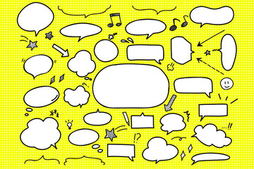 Set of speech bubbles comic doodle on yellow dot background. Vector illustration