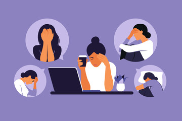 Woman in depression with bewildered thoughts in her mind. Young sad girl sitting at laptop. Vector illustration. Flat style