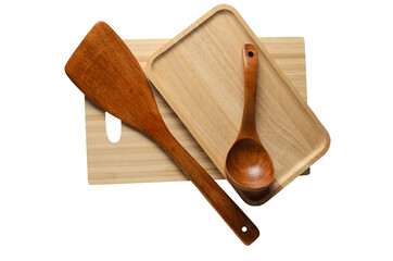 Wooden eco-friendly tableware. Wooden plate, spoon, cutting board, spatula.