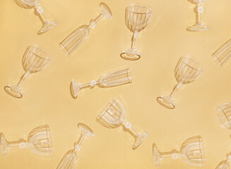 Empty glasses composition against pastel pink background. Minimal after party creative concept. Art...