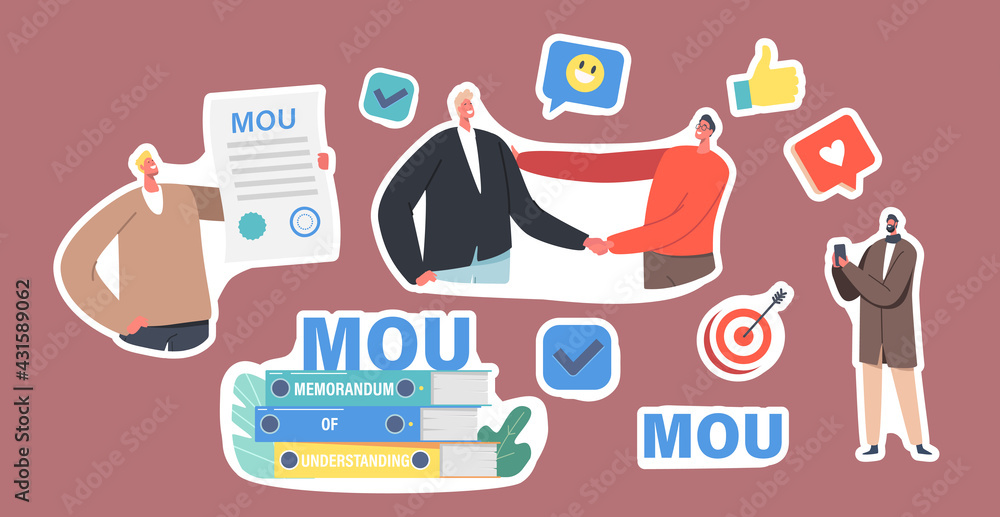 Poster set of stickers businesspeople characters with mou documents, pile of memorandum of understanding do