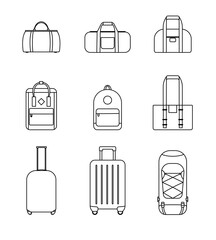 Icon collection set of travel bags, backpacks, suitcases isolated on white background
