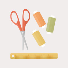 Various sewing tools. Red scissors, colourful threads, ruler. Cartoon style, flat design. All elements are isolated.