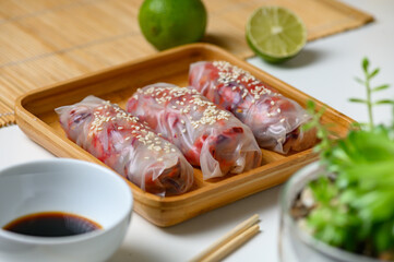 Rice paper envelopes. Vietnamese vegetarian dish sprinkled with sesame seeds