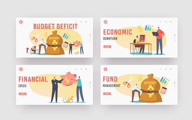 Budget Deficit Landing Page Template Set. Tiny Businessman Character Tight Budget Sack with Belt. Economy Crisis