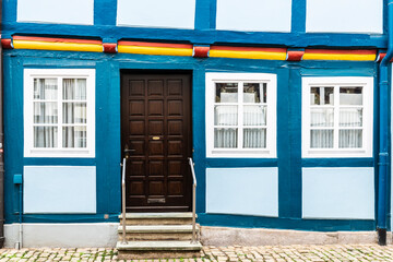 Old blue medieval house in Hamelin, Germany