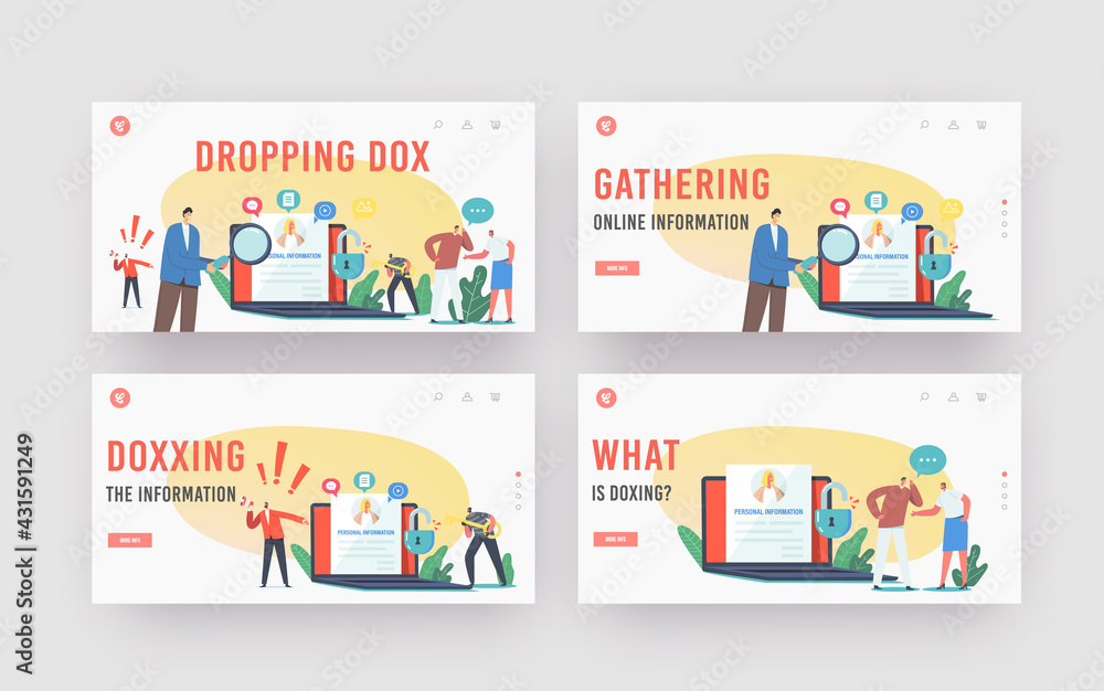Poster doxing, dropping dox landing page template set. hacker character gathering individuals data and maki
