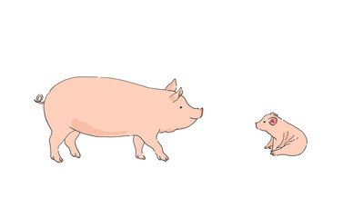 豚の親子のイラスト-線画・手描き
