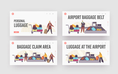 Fototapeta na wymiar Baggage Claim in Airport Landing Page Template Set. Tourists Characters Taking Luggage in Carousel after Airplane Flight