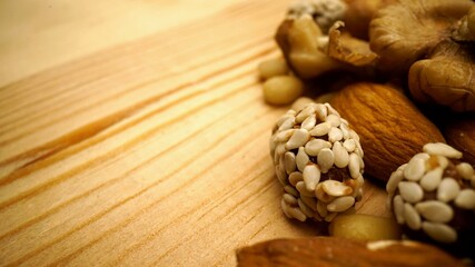 Nuts on a wooden background. close-up and selective focus. Nuts on a table close-up.