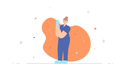 Nurse illustration in flat style. Medical assistantputs on blue medical gloves.
